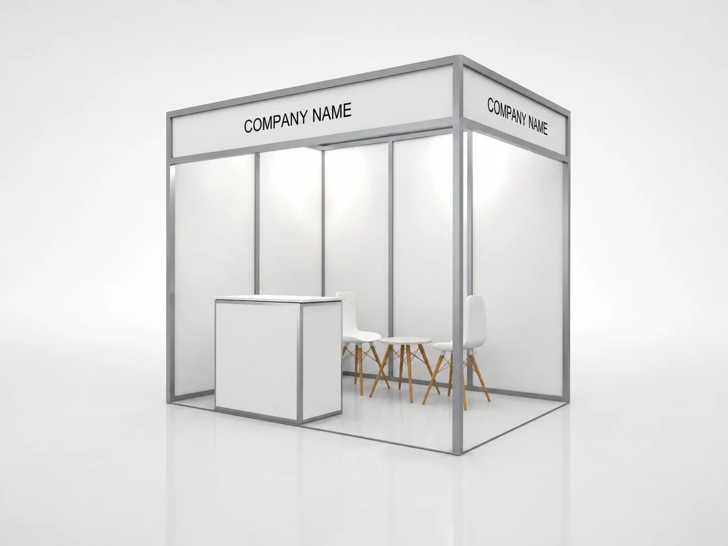 3x2 exhibition booth mockup with fascia and furniture